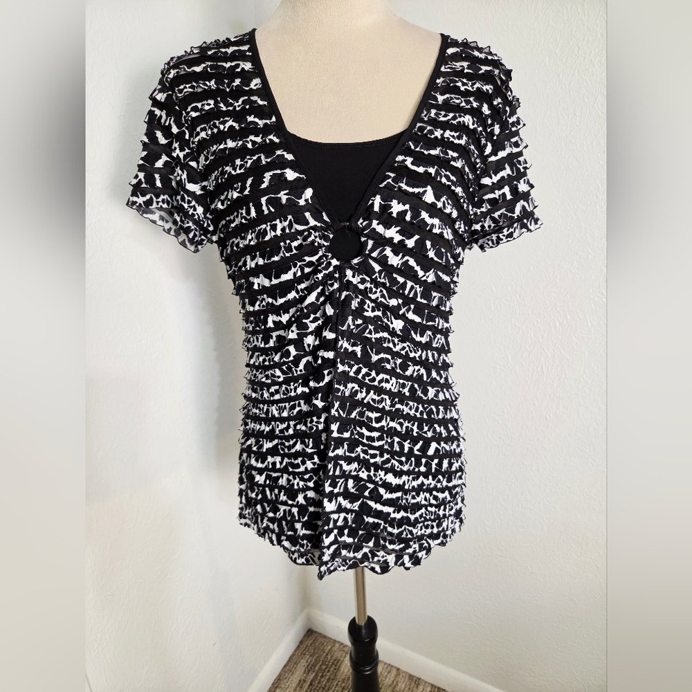 Connected Apparel Black & White Textured Layered Blouse, Sz14